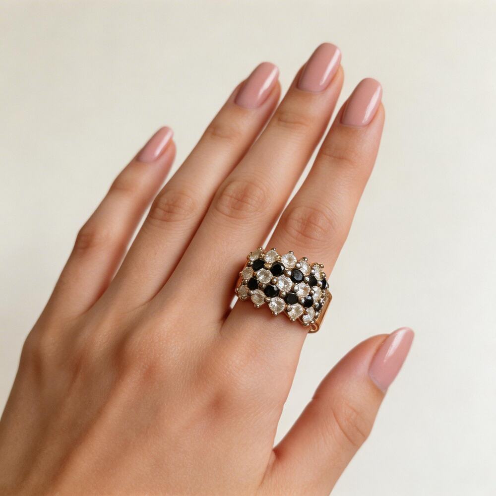 Black Sapphire And CZ Wide Band Ring